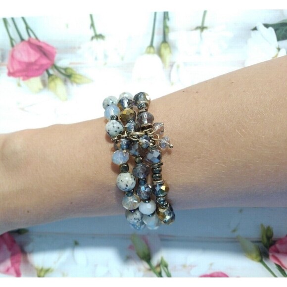 Brown Cream Three Layered Beaded Adjustable Bracelet Stretch - Picture 1 of 3